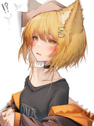 Rule 34 | !?, 1girl, absurdres, animal ears, black choker, black shirt, blonde hair, blush, brown jacket, choker, collarbone, commentary request, commission, hand on another&#039;s head, headpat, highres, jacket, off-shoulder shirt, off shoulder, open mouth, original, shirt, short hair, simple background, skeb commission, solo, tab head, white background, yellow eyes