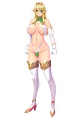 Rule 34 | 1girl, almia agraliel, areola slip, bare shoulders, blonde hair, breasts, breasts apart, closed mouth, covered erect nipples, crown, elf, feet, full body, game cg, green eyes, groin, high heels, highres, huracan, kyonyuu elf oyako saimin, large breasts, legs, long hair, looking at viewer, lune (company), navel, original, pointy ears, revealing clothes, smile, solo, standing, thighhighs, thighs, transparent background