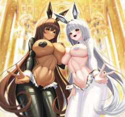 Rule 34 | 2girls, absurdres, animal ears, areola slip, blanc (nikke), blush, breasts, brown hair, covered erect nipples, crotchless, crotchless pantyhose, dark-skinned female, dark skin, fake animal ears, fins (pixiv29142276), frontless outfit, goddess of victory: nikke, heart maebari, heart pasties, highres, huge breasts, latex, latex legwear, leotard, long hair, long sleeves, maebari, meme attire, multiple girls, navel, noir (nikke), open mouth, pantyhose, pasties, playboy bunny, rabbit ears, revealing clothes, reverse bunnysuit, reverse outfit, shrug (clothing), stomach, v, very long hair, white hair, wrist cuffs, yellow eyes