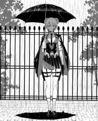 Rule 34 | 1girl, belt, blood, blood on face, bolt action, breasts, collared shirt, corset, expressionless, fence, full body, girls&#039; frontline, gloves, greyscale, handgun, highres, holster, jacket, jacket on shoulders, looking at viewer, miyamoto issa, monochrome, necktie, outdoors, pinstripe pattern, pinstripe vest, rain, shirt, skirt, sleeves rolled up, socks, solo, standing, striped, thigh holster, two side up, umbrella, vest, welrod, welrod mkii (girls&#039; frontline)