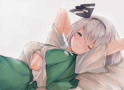 Rule 34 | 1girl, 258n, ;), absurdres, aqua eyes, arms up, black hairband, black ribbon, blush, breasts, closed mouth, green skirt, green vest, hair ribbon, hairband, highres, konpaku youmu, looking at viewer, lying, on back, one eye closed, open clothes, open shirt, open vest, ribbon, sarashi, shirt, short hair, short sleeves, silver hair, simple background, skirt, small breasts, smile, solo, stretching, touhou, vest, waking up, white background, white shirt, zipper, zipper pull tab