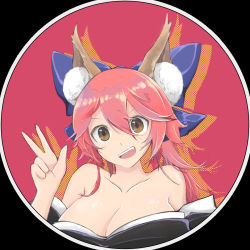 Rule 34 | 10s, :d, animal ears, bad id, bad pixiv id, breasts, cleavage, dmt (auburn), fang, fate/extra, fate/grand order, fate (series), fox ears, fox girl, highres, long hair, open mouth, pink hair, robe, simple background, smile, solo, tamamo (fate), tamamo no mae (fate/extra)