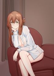 Rule 34 | 1girl, absurdres, armchair, bottomless, breasts, brown background, brown hair, chair, head rest, cleavage, curtains, feet out of frame, girls&#039; frontline, green eyes, hair between eyes, hair ribbon, half updo, highres, leaning to the side, legs, crossed legs, long hair, long sleeves, looking at viewer, springfield (girls&#039; frontline), macayase, medium breasts, naked shirt, no bra, open clothes, open shirt, ribbon, shirt, sitting, smile, solo, white shirt