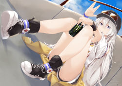 Rule 34 | 1girl, absurdres, alternate costume, azur lane, bare shoulders, baseball cap, black footwear, black hat, black shorts, blue sky, boots, breasts, brown-tinted eyewear, brown jacket, can, closed mouth, clothes around waist, cloud, commentary request, day, dutch angle, energy drink, enterprise (anniversary ride) (azur lane), enterprise (azur lane), eyewear on headwear, hair between eyes, hand up, hat, highres, holding, holding can, jacket, jacket around waist, kana616, knees up, long hair, looking at viewer, monster energy, off-shoulder shirt, off shoulder, outdoors, pixiv id, purple eyes, shirt, shoe soles, short shorts, short sleeves, shorts, sitting, sky, smile, solo, sunglasses, tinted eyewear, twitter username, very long hair, white hair, white shirt