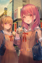 Rule 34 | 2girls, :d, absurdres, bag, bang dream!, blonde hair, blurry, blurry background, brown dress, building, commentary request, cup, dress, drinking straw, half updo, hanasakigawa school uniform, highres, holding, holding cup, holding strap, long hair, long sleeves, looking at viewer, maruyama aya, multiple girls, neck ribbon, nogi momoko, open mouth, outdoors, pink hair, pleated dress, red neckwear, ribbon, sailor dress, school bag, school uniform, shirasagi chisato, smile