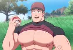 Rule 34 | 1boy, abs, bara, blue eyes, blurry, blurry background, clothes lift, courier (pokemon), creatures (company), eddlayer, game freak, grass, happy, hat, highres, large pectorals, looking at viewer, male focus, manly, mature male, mountain, muscular, muscular male, nintendo, nipples, open mouth, outdoors, pectorals, poke ball, pokemon, pokemon sv, shirt, shirt lift, sky, solo, teeth, thick arms, tongue, tree, twitter username, upper body