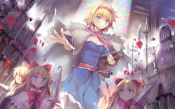 Rule 34 | 1girl, alice margatroid, armor, black pantyhose, blonde hair, blue dress, blue eyes, book, bow, breasts, capelet, cleavage, column, culter, dress, eyelashes, flower, full armor, grimoire, grimoire of alice, hair bow, hairband, halberd, highres, lance, long hair, looking at viewer, outstretched arm, outstretched hand, pantyhose, petals, pillar, polearm, red bow, red flower, red rose, rose, rose petals, sash, shanghai doll, shirt, short hair, skirt, skirt set, small breasts, smile, stained glass, touhou, wallpaper, weapon