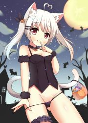 Rule 34 | 1girl, :q, ahoge, animal, animal ear fluff, animal ears, bare shoulders, bare tree, bat (animal), bat hair ornament, black panties, black ribbon, blush, bow, bow panties, breasts, candy, candy wrapper, cat ears, cat girl, cat tail, closed mouth, cloud, commentary request, finger to mouth, food, full moon, groin, hair ornament, hair ribbon, halloween bucket, hand up, heart, heart ahoge, highres, lollipop, long hair, looking at viewer, medium breasts, moon, night, night sky, original, panties, panty pull, prehensile tail, pulling own clothes, red eyes, ribbon, sidelocks, sky, smile, solo, swirl lollipop, tail, tongue, tongue out, tree, twintails, underwear, underwear only, white hair, xiaosamiao