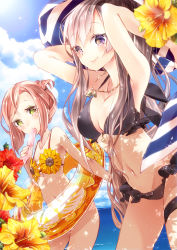 Rule 34 | 218, 2girls, armpits, arms up, bikini, breasts, brown hair, cleavage, cloud, day, flat chest, flower, green eyes, hibiscus, innertube, jewelry, large breasts, long hair, looking at viewer, mouth hold, multiple girls, necklace, original, purple eyes, revision, short hair, silver hair, smile, sun, sunflower, sweat, swim ring, swimsuit, towel, water, wet