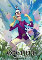 Rule 34 | 1boy, bag, commentary request, copyright name, den den mushi, eye mask, gloves, grass, hat, holding, itomimizu (one piece), jacket, looking ahead, male focus, official art, one piece, one piece card game, open mouth, ori simo, pants, purple jacket, shoulder bag, sky, solo, white pants, wind, yellow gloves