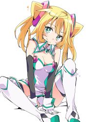 Rule 34 | 1girl, blonde hair, boots, breasts, cleavage, detached collar, elbow gloves, gloves, green eyes, hacka doll, hacka doll 1, ixy, sitting, solo, thigh boots, thighhighs, twintails, white background