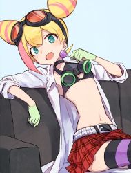 Rule 34 | aqua gloves, belt, black belt, blonde hair, candy, cone hair bun, couch, crossed legs, food, gas mask, gloves, goggles, goggles on head, green gloves, hair bun, lab coat, lollipop, lucia fex, mask, midriff, multicolored hair, open mouth, pink hair, plaid, plaid skirt, promare, skirt, soto, striped clothes, striped legwear, striped thighhighs, thighhighs, two-tone hair