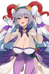Rule 34 | 1girl, animal ears, arms up, blush, bodystocking, breasts, cleavage, cleavage cutout, clothing cutout, commentary, fake animal ears, fire emblem, fire emblem heroes, freyja (fire emblem), freyja (spring) (fire emblem), gloves, goat horns, gonzarez, grey hair, highres, horns, huge breasts, leotard, long hair, looking at viewer, nintendo, official alternate costume, open mouth, pantyhose, playboy bunny, purple pantyhose, purple ribbon, rabbit ears, red eyes, ribbon, smile, solo, very long hair, white background, white gloves, wrist ribbon