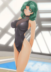 Rule 34 | 1girl, absurdres, aqua eyes, arms behind back, bishoujo senshi sailor moon, black one-piece swimsuit, breasts, casual one-piece swimsuit, commentary request, covered navel, green hair, highres, indoors, kaiou michiru, large breasts, medium breasts, nanashi noiji, one-piece swimsuit, parted bangs, pool, rei no pool, solo, swimsuit, turtleneck, wavy hair
