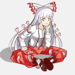 Rule 34 | 1girl, boots, bow, head rest, clenched hand, fujiwara no mokou, full body, gradient ray, hair bow, hair ribbon, hand on own cheek, hand on own face, long hair, long sleeves, looking at viewer, ofuda, pants, red eyes, ribbon, silver hair, sitting, smile, solo, suspenders, touhou, very long hair