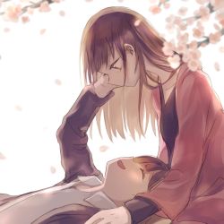 Rule 34 | 2girls, brown hair, cherry blossoms, closed eyes, hand on another&#039;s face, inuko (ink0425), lap pillow, long hair, lying, multiple girls, on back, original, smile, yuri