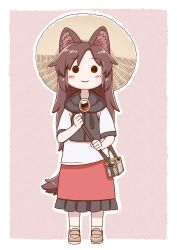 Rule 34 | 1girl, aged down, animal ears, bag, blush, brown footwear, brown hair, closed mouth, full body, gem, handbag, imaizumi kagerou, looking at viewer, outline, pink background, poronegi, red skirt, scarf, shirt, shoes, short sleeves, skirt, socks, solo, standing, swammi, tail, touhou, white outline, white shirt, white socks, wolf ears, wolf tail
