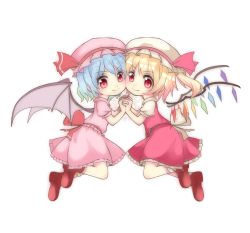 Rule 34 | 2girls, ankle boots, ankle socks, ascot, bat wings, blonde hair, blue hair, boots, cheek-to-cheek, doboncho, flandre scarlet, hat, hat ribbon, heads together, highres, holding hands, interlocked fingers, legs folded, looking at viewer, mary janes, mob cap, multiple girls, remilia scarlet, ribbon, shoes, short hair, short sleeves, siblings, simple background, sisters, skirt, skirt set, smile, socks, touhou, white background, wings