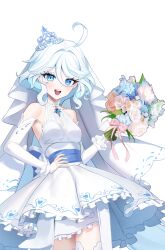 Rule 34 | 1girl, :d, absurdres, ahoge, alternate costume, bare shoulders, blue eyes, blue flower, blue hair, blush, bouquet, breasts, brooch, commentary, cowboy shot, detached sleeves, dress, flower, furina (genshin impact), genshin impact, hair between eyes, hand on own hip, highres, holding, holding bouquet, jewelry, long hair, long sleeves, looking at viewer, muu maa muu, open mouth, sleeveless, sleeveless dress, small breasts, smile, solo, standing, tiara, very long hair, white dress