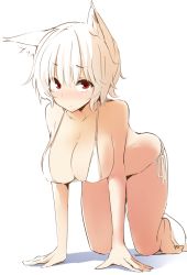 Rule 34 | 1girl, all fours, animal ears, bare arms, bare legs, bare shoulders, barefoot, bikini, blush, breasts, cleavage, collarbone, commentary request, hanging breasts, inubashiri momiji, kamukamu (ars), large breasts, looking at viewer, nose blush, red eyes, shadow, short hair, side-tie bikini bottom, silver hair, simple background, solo, swimsuit, tail, thighs, touhou, white background, white bikini, wolf ears, wolf tail
