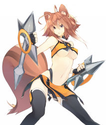 Rule 34 | 1girl, :&lt;, animal ears, antenna hair, arc system works, bad id, bad pixiv id, blazblue, blazblue: continuum shift, breasts, brown eyes, brown hair, clenched hand, dual wielding, fighting stance, fingerless gloves, from below, gloves, holding, makoto nanaya, midriff, navel, orange skirt, revealing clothes, serious, shin (anbqqcb), simple background, skirt, solo, squirrel ears, squirrel tail, tail, thighhighs, tonfa, underboob, upskirt, weapon