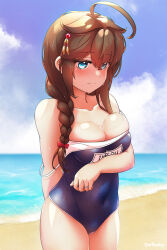 Rule 34 | 1girl, ahoge, arthur ko, bare arms, bare legs, bare shoulders, beach, blue eyes, blue one-piece swimsuit, blush, braid, breasts, brown hair, cleavage, closed mouth, clothes pull, collarbone, cowboy shot, day, hair between eyes, hair flaps, highres, jewelry, kantai collection, large breasts, long hair, name tag, ocean, one-piece swimsuit, one-piece swimsuit pull, ring, school swimsuit, shigure (kancolle), shigure kai ni (kancolle), single braid, solo, swimsuit, twitter username, wedding ring