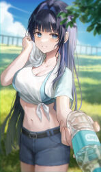Rule 34 | 1girl, alternate costume, belt, bikini, black hair, blue eyes, blue shorts, blurry, blurry background, blurry foreground, bottle, breasts, chie (user snfh8333), cleavage, collarbone, colored inner hair, cowboy shot, crop top, denim, denim shorts, depth of field, front-tie bikini top, front-tie top, grin, hair intakes, hand up, highres, holding, holding bottle, hololive, hololive english, large breasts, long hair, looking at viewer, midriff, multicolored hair, navel, ouro kronii, outstretched arm, shirt, short shorts, short sleeves, shorts, smile, solo, standing, stomach, sweat, swimsuit, tied shirt, towel, towel around neck, two-tone shirt, very long hair, virtual youtuber, water bottle, white shirt