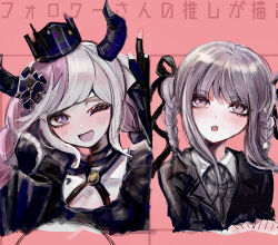 Rule 34 | 2girls, :d, :o, ;d, black crown (object), black gloves, black horns, black jacket, black ribbon, braid, breasts, cleavage, collared shirt, crown, danganronpa, danganronpa (series), danganronpa kirigiri, fingerless gloves, gloves, grey hair, hair ribbon, highres, horns, jacket, kirigiri kyoko, large breasts, master detective archives: rain code, multiple girls, naruse (nal1525), one eye closed, open mouth, pale skin, purple eyes, ribbon, shinigami (rain code), shirt, smile, teeth, translation request, twin braids, twintails, upper teeth only, white shirt