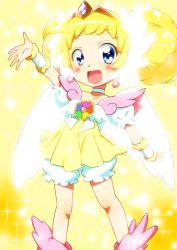 Rule 34 | 1girl, :d, arm up, blonde hair, bloomers, blue eyes, blush stickers, candy (smile precure!), choker, commentary request, double bun, dress, earrings, gem, hair bun, jewelry, legs apart, looking at viewer, open mouth, outstretched arm, precure, puffy short sleeves, puffy sleeves, royal candy, short dress, short hair, short sleeves, smile, smile precure!, solo, sparkle, sparkle background, standing, tiara, underwear, white neckwear, white wings, wings, wrist cuffs, yellow background, yellow dress, yuto (dialique)