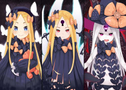 Rule 34 | 1girl, abigail williams (fate), abigail williams (third ascension) (fate), angry, atg (wttoo0202), black bow, black hat, black panties, blonde hair, blue eyes, blush, bow, bug, butterfly, closed mouth, commentary request, cowboy shot, dress, expressionless, facial mark, fate/grand order, fate (series), forehead mark, gluteal fold, hair bow, hands in opposite sleeves, hat, hat bow, insect, keyhole, long hair, looking at viewer, multiple persona, multiple views, navel, open mouth, orange bow, pale skin, panties, parted bangs, purple dress, purple eyes, red eyes, revealing clothes, smile, standing, stuffed animal, stuffed toy, teddy bear, tentacles, third eye, underwear, very long hair, white hair, witch hat