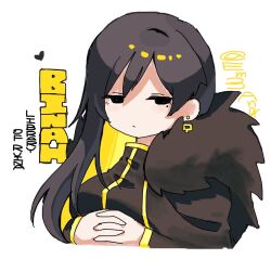 Rule 34 | 1girl, binah (project moon), black coat, black dress, black eyes, black hair, blonde hair, closed mouth, coat, colored inner hair, dress, earrings, em3ang, fur-trimmed coat, fur trim, gold trim, jewelry, library of ruina, looking at viewer, mole, mole under eye, multicolored hair, project moon, simple background, solo, upper body, white background