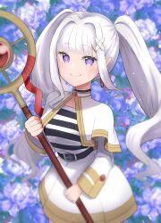 Rule 34 | 1girl, 69 illust, absurdres, blurry, blurry background, blush, capelet, closed mouth, commentary request, cosplay, dangle earrings, depth of field, drop earrings, earrings, elf, emilia (re:zero), flower, frieren, hair ornament, highres, holding, holding staff, jewelry, long hair, long sleeves, looking at viewer, mage staff, nemophila (flower), pointy ears, purple eyes, re:zero kara hajimeru isekai seikatsu, shirt, sidelocks, smile, solo, sousou no frieren, staff, striped clothes, striped shirt, twintails, white capelet, white hair, x hair ornament