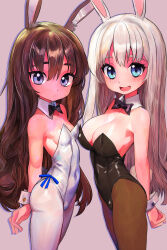 Rule 34 | 2girls, :&lt;, :d, animal ear fluff, animal ears, bare shoulders, black bow, black bowtie, black leotard, blue eyes, blue ribbon, bow, bowtie, breasts, brown hair, brown pantyhose, cleavage, closed mouth, covered navel, detached collar, facing another, hair between eyes, highleg, highleg leotard, highres, large breasts, leotard, long hair, multiple girls, open mouth, original, pantyhose, pink background, playboy bunny, purple eyes, rabbit ears, rabbit girl, rabbit tail, ribbon, small breasts, smile, standing, straight hair, strapless, strapless leotard, tail, tsukiyono aroe, very long hair, wavy hair, white leotard, white pantyhose, white wrist cuffs, wrist cuffs