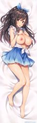 Rule 34 | 1girl, 2018, absurdres, barefoot, bed sheet, blush, bow, bracelet, breasts, brown eyes, brown hair, dakimakura (medium), dress, feet, floral print, full body, hair bow, hands on own chest, hands up, highres, huge filesize, idolmaster, idolmaster shiny colors, jewelry, large breasts, long hair, long image, looking at viewer, lying, nipples, on back, open mouth, shiny skin, short dress, sleeveless, solo, tall image, toenails, tsukioka kogane, yuuki hagure