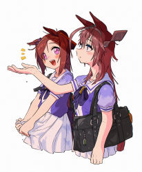 Rule 34 | 2girls, :d, absurdres, ahoge, animal ears, appleq, bag, battery, blue eyes, blush, bow, bowtie, brown hair, carrying bag, commentary request, cropped legs, ear ornament, ears down, flower in eye, from side, hairband, highres, horse ears, horse girl, horse tail, charm (object), long hair, looking ahead, looking at another, messy hair, mihono bourbon (umamusume), multiple girls, notice lines, open mouth, outstretched hand, pink eyes, pleated skirt, ponytail, puffy short sleeves, puffy sleeves, rain, sailor collar, sakura bakushin o (umamusume), school bag, school uniform, serafuku, short sleeves, shoulder bag, simple background, skirt, smile, standing, summer uniform, swept bangs, symbol in eye, tail, tracen school uniform, umamusume, upper body, water drop, wet, wet clothes, wet hair, white background, white skirt, wringing clothes, wringing skirt