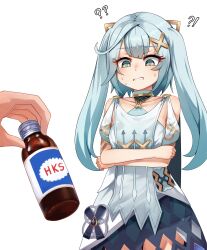 Rule 34 | !?, 1boy, 1girl, ?, ??, bare shoulders, bippew, blue hair, bottle, collarbone, crossed arms, dress, faruzan (genshin impact), genshin impact, green eyes, hair ornament, highres, holding, holding bottle, long hair, simple background, solo focus, teeth, twintails, white background, white dress, x hair ornament