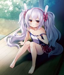 Rule 34 | 1girl, animal ears, azur lane, barefoot, breasts, rabbit ears, camisole, cleavage, commentary request, convenient leg, fake animal ears, feet, full body, fummy, hairband, knees together feet apart, laffey (azur lane), legs, long hair, miniskirt, off shoulder, red eyes, red skirt, silver hair, sitting, skirt, small breasts, solo, strap slip, sweat, toes, twintails, very long hair, white camisole