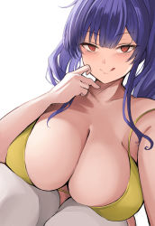 Rule 34 | 1girl, absurdres, azur lane, bikini, breasts, cleavage, finger to cheek, highres, large breasts, licking lips, looking at viewer, neneneji, official alternate costume, pola (azur lane), pola (seaside coincidence) (azur lane), purple hair, red eyes, sitting, swimsuit, thighhighs, tongue, tongue out, twintails, white background, white thighhighs, yellow bikini