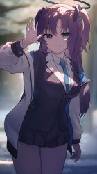 Rule 34 | 1girl, absurdres, black jacket, black skirt, blazer, blue archive, blue necktie, blurry, blurry background, blush, breasts, buffering548, halo, hand up, highres, jacket, large breasts, looking at viewer, necktie, outdoors, pleated skirt, purple eyes, purple hair, skirt, smile, solo, two-sided fabric, two-sided jacket, two side up, yuuka (blue archive)