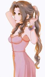 Rule 34 | 1girl, aerith gainsborough, arm behind head, bangle, bare shoulders, black choker, bracelet, breasts, brown hair, choker, cleavage, cowboy shot, dress, final fantasy, final fantasy vii, final fantasy vii remake, green eyes, hand in own hair, highres, jewelry, long hair, looking to the side, medium breasts, parted bangs, pink dress, ponytail, sidelocks, softp3ach, solo, spaghetti strap, wavy hair, white background