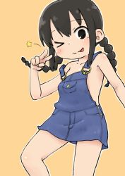 Rule 34 | 1girl, :p, arm up, black eyes, braid, child, denim dress, dress, highres, long hair, mitsudomoe, naked overalls, ogata airi, one eye closed, overall dress, overalls, short dress, smile, solo, strap slip, tomboo, tongue, tongue out, twin braids, twintails, v
