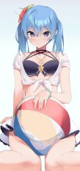 Rule 34 | 1girl, absurdres, alternate hairstyle, arm support, ball, beachball, bikini, blue background, blue bikini, blue eyes, blue hair, blush, bracelet, breasts, commentary, crescent, crescent necklace, crop top, crossed bangs, enri madoka, feet out of frame, flower, frilled skirt, frills, gradient background, hair flower, hair ornament, highres, hololive, hoshimachi suisei, jewelry, looking at viewer, medium hair, necklace, pleated skirt, shadow, shirt, sitting, skirt, small breasts, smile, solo, swimsuit, thighs, tied shirt, twintails, virtual youtuber, white skirt