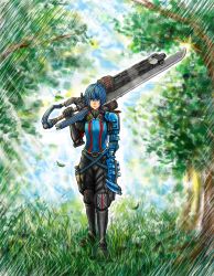 Rule 34 | 00s, 10s, 1girl, armor, bayonet, belt, blade, blue eyes, blue hair, boots, cannon, forest, gloves, grass, gunblade, highres, huge weapon, imca, matching hair/eyes, military, nature, ponytail, senjou no valkyria (series), senjou no valkyria 3, solo, tree, turtleneck, uniform, weapon