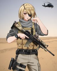 Rule 34 | 1girl, absurdres, aircraft, ammunition pouch, assault rifle, belt, black belt, blonde hair, brown vest, cargo pants, cigarette, commentary, cowboy shot, day, desert, english commentary, eyepatch, fingernails, flashlight, grey shirt, gun, hand on own shoulder, helicopter, highres, holding, holding gun, holding weapon, holster, houndstooth, keffiyeh, keiita, laser sight, load bearing vest, looking at viewer, m4 carbine, military operator, mouth hold, optical sight, orange eyes, original, outdoors, pants, patch, plaid, plaid shirt, pocket, pouch, rifle, shirt, sleeves rolled up, smoking, solo, sweat, thigh holster, thigh strap, trigger discipline, tsurime, unmoving pattern, utility belt, vertical foregrip, vest, watch, weapon, wristwatch