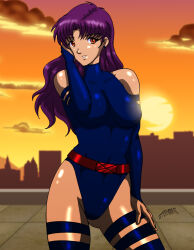 Rule 34 | 1girl, artist request, blue leotard, breasts, bridal gauntlets, brown eyes, city, color connection, cosplay, elbow gloves, evening, female focus, gloves, gluteal fold, highleg, highleg leotard, highres, katsuragi misato, large breasts, leotard, lips, long hair, looking at viewer, marvel, neon genesis evangelion, parted lips, psylocke, psylocke (cosplay), purple hair, red sash, revealing clothes, sash, shiny clothes, shiny skin, sky, smile, solo, standing, trait connection, very long hair, x-men