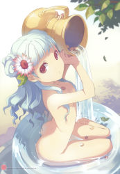 Rule 34 | 1girl, absurdres, ass, barefoot, bathing, censored, coin, colored eyelashes, completely nude, convenient censoring, eyelashes, flat chest, from above, h2so4, highres, long hair, looking up, nude, original, red eyes, silver hair, sitting, skinny, slender, solo, urn, water, wavy hair, zodiac
