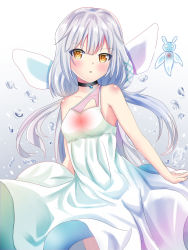 Rule 34 | 1girl, bare arms, bare shoulders, bestrix, black choker, choker, commentary, dress, hair ornament, highres, long hair, looking at viewer, qualia qu, re:act, silver hair, solo, virtual youtuber, water drop, white dress, yellow eyes