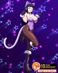 Rule 34 | 1girl, animal ears, bell, blue hair, boots, breasts, brown pantyhose, cat ears, cat tail, catsuit, cleavage, covered navel, gloves, highres, hyuuga hinata, knee boots, large breasts, purple eyes, leotard, long hair, looking at viewer, naruto (series), naruto shippuuden, neck bell, pantyhose, reit, standing, standing on one leg, tail, watermark