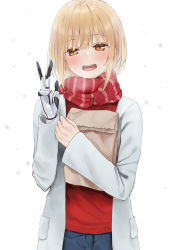 Rule 34 | 1girl, :d, amputee, bag, blonde hair, blush, brown eyes, grey jacket, hair between eyes, highres, hugging object, jacket, long sleeves, looking at viewer, open clothes, open jacket, open mouth, original, paper bag, piripun, prosthesis, prosthetic hand, red scarf, red shirt, round teeth, scarf, shirt, simple background, smile, snowing, solo focus, standing, striped clothes, striped scarf, teeth, upper body, upper teeth only, w, white background, winter
