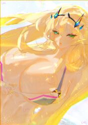 Rule 34 | 1girl, artist name, barghest (fate), barghest (swimsuit archer) (fate), barghest (swimsuit archer) (final ascension) (fate), bikini, bikini pull, black hairband, blonde hair, blue eyes, breasts, chromatic aberration, clothes pull, fate/grand order, fate (series), frown, hair between eyes, hairband, heterochromia, highres, huge breasts, lobsie, long hair, looking at viewer, solo, swimsuit, upper body, very long hair, white bikini